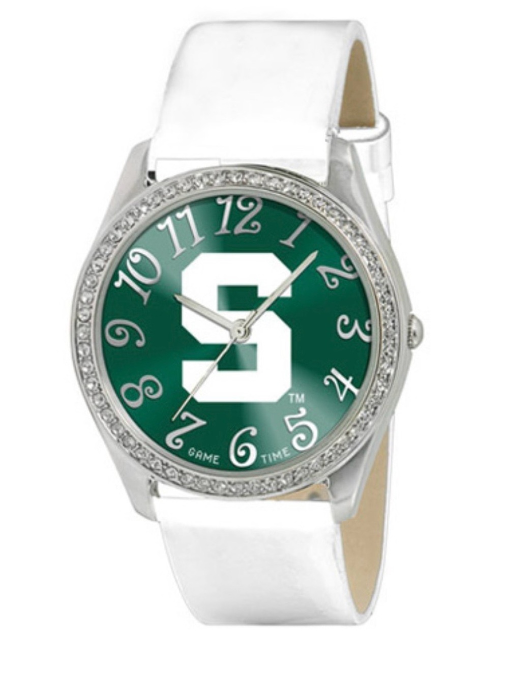 White Strap Watch with Green Dial and White 'S' Logo